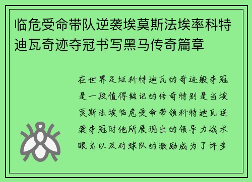 临危受命带队逆袭埃莫斯法埃率科特迪瓦奇迹夺冠书写黑马传奇篇章