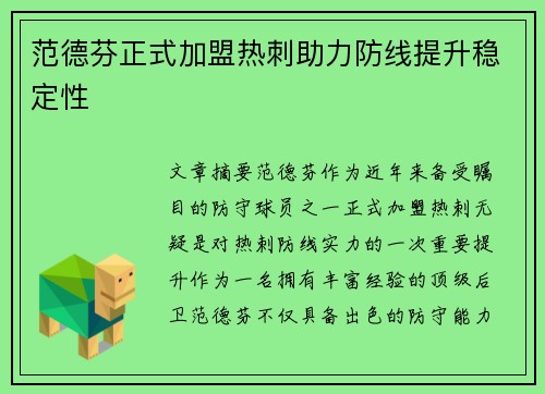 范德芬正式加盟热刺助力防线提升稳定性